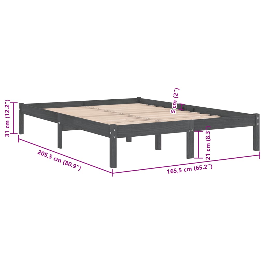 vidaXL Cadre de lit Gris Bois de pin massif 160x200 cm