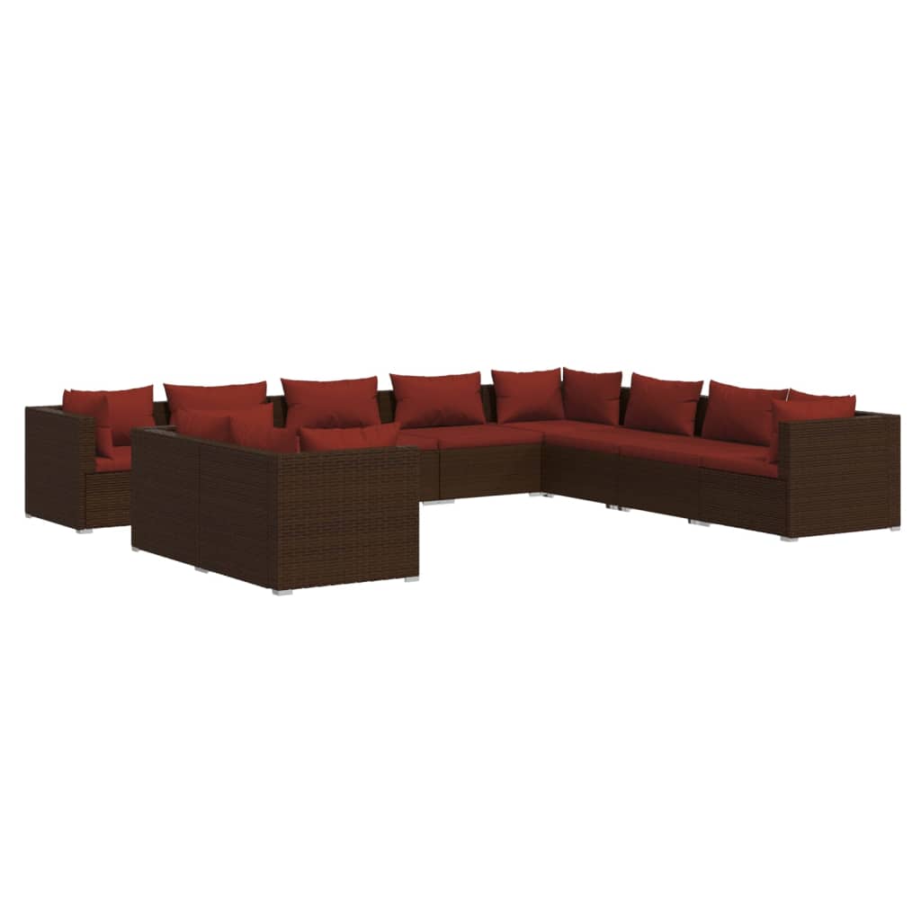 vidaXL Salon de jardin 10 pcs avec coussins marron résine tressée