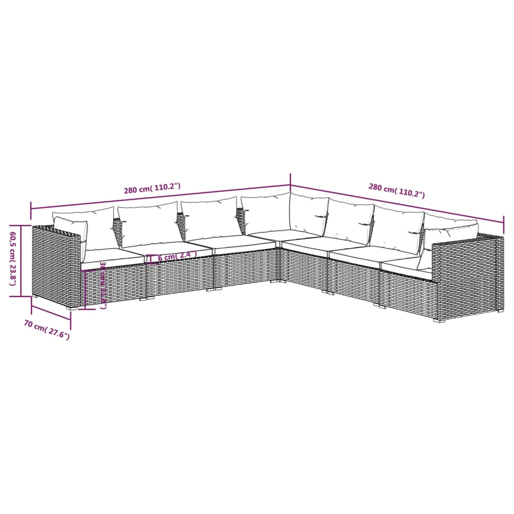 vidaXL Salon de jardin 7 pcs avec coussins Résine tressée Marron