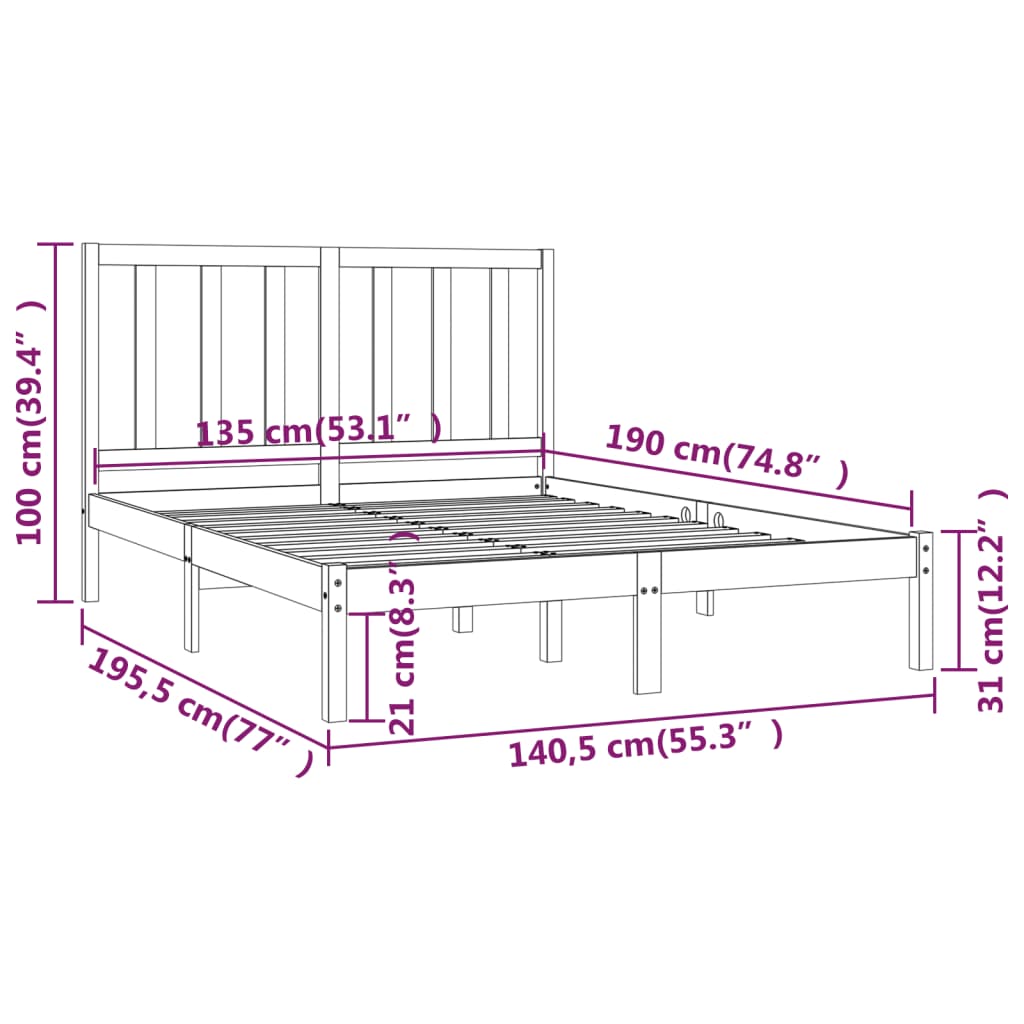 vidaXL Cadre de lit Noir Bois de pin massif 135x190 cm Double