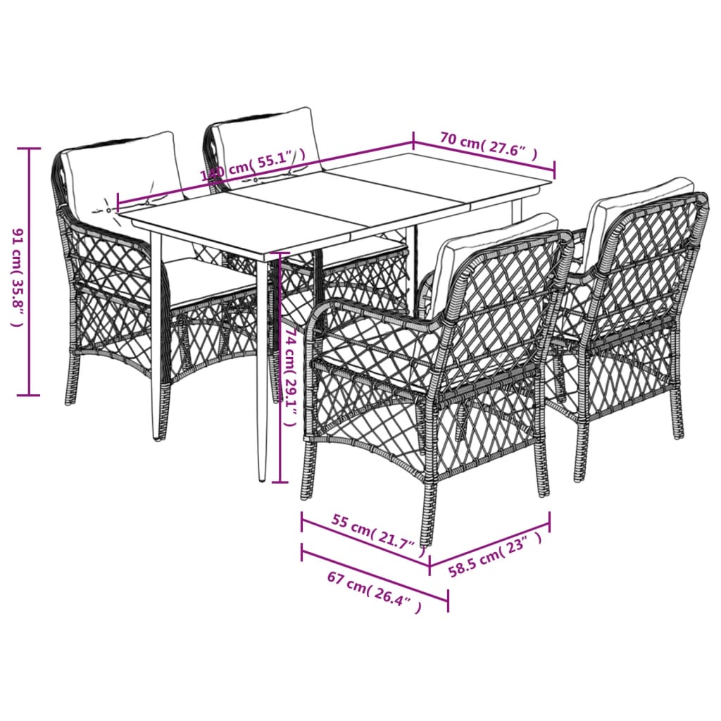 vidaXL Ensemble à manger de jardin coussins 5pcs Noir Résine tressée