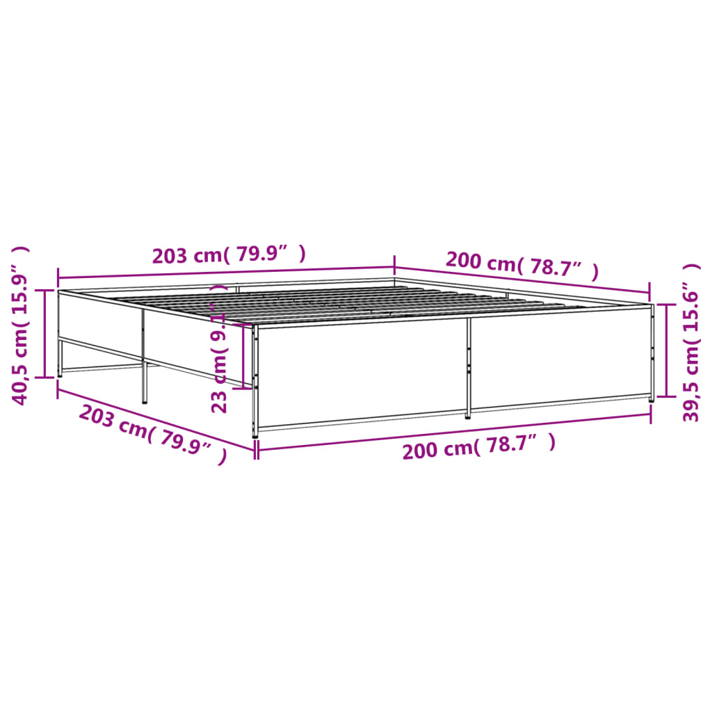 vidaXL Cadre de lit chêne fumé 200x200 cm bois d'ingénierie et métal