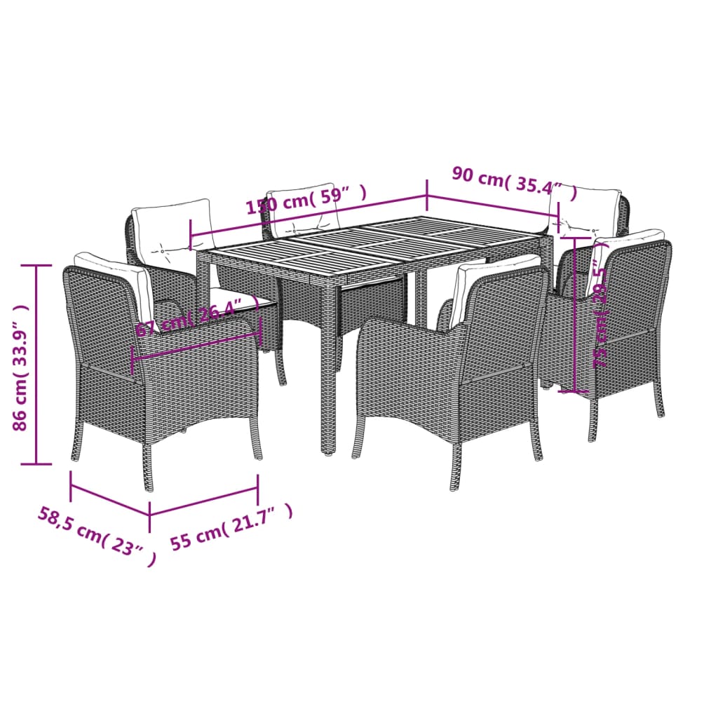 vidaXL Ensemble à manger de jardin coussins 7pcs Noir Résine tressée