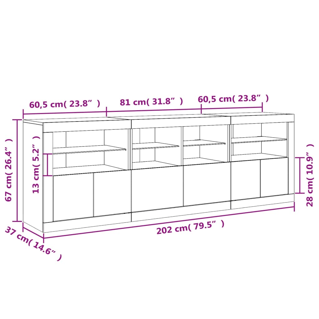 vidaXL Buffet avec lumières LED blanc 202x37x67 cm