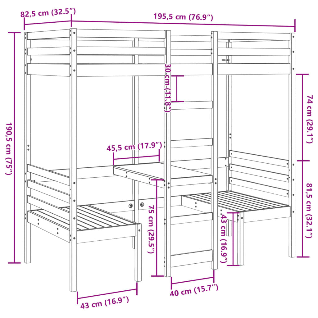 vidaXL Lit mezzanine avec bureau et chaises blanc 75x190 cm pin massif