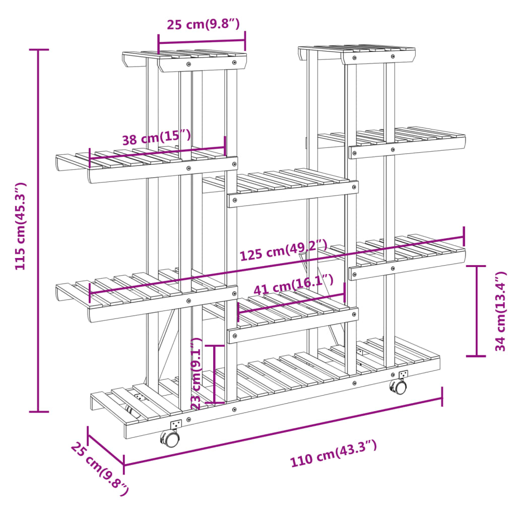 vidaXL Support à fleurs avec roues 110x25x115 cm bois massif de sapin