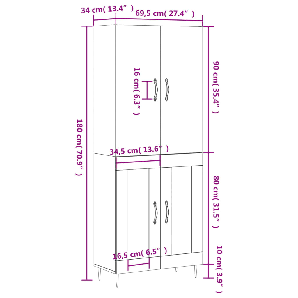 vidaXL Buffet haut Blanc 69,5x34x180 cm Bois d'ingénierie