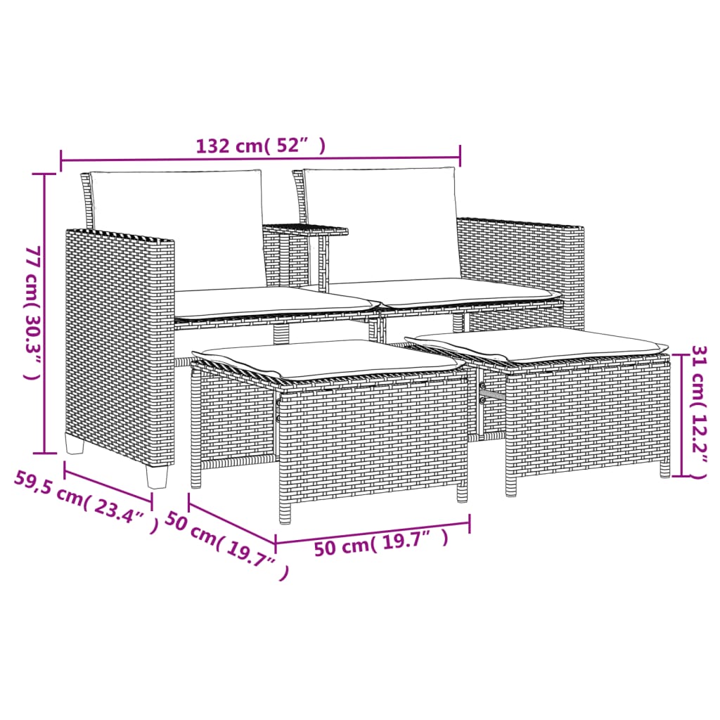 vidaXL Canapé de jardin 2 places avec table et tabourets beige rotin