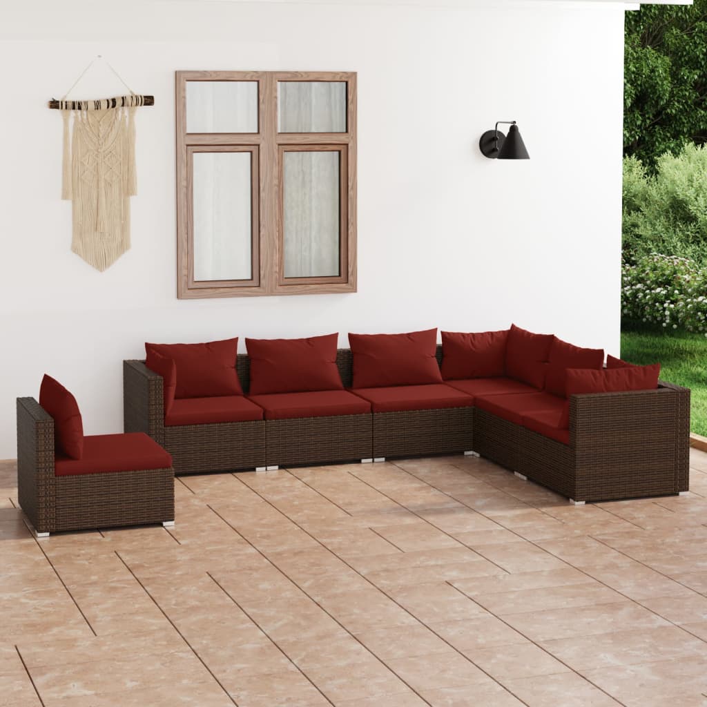 vidaXL Salon de jardin 7 pcs avec coussins Résine tressée Marron