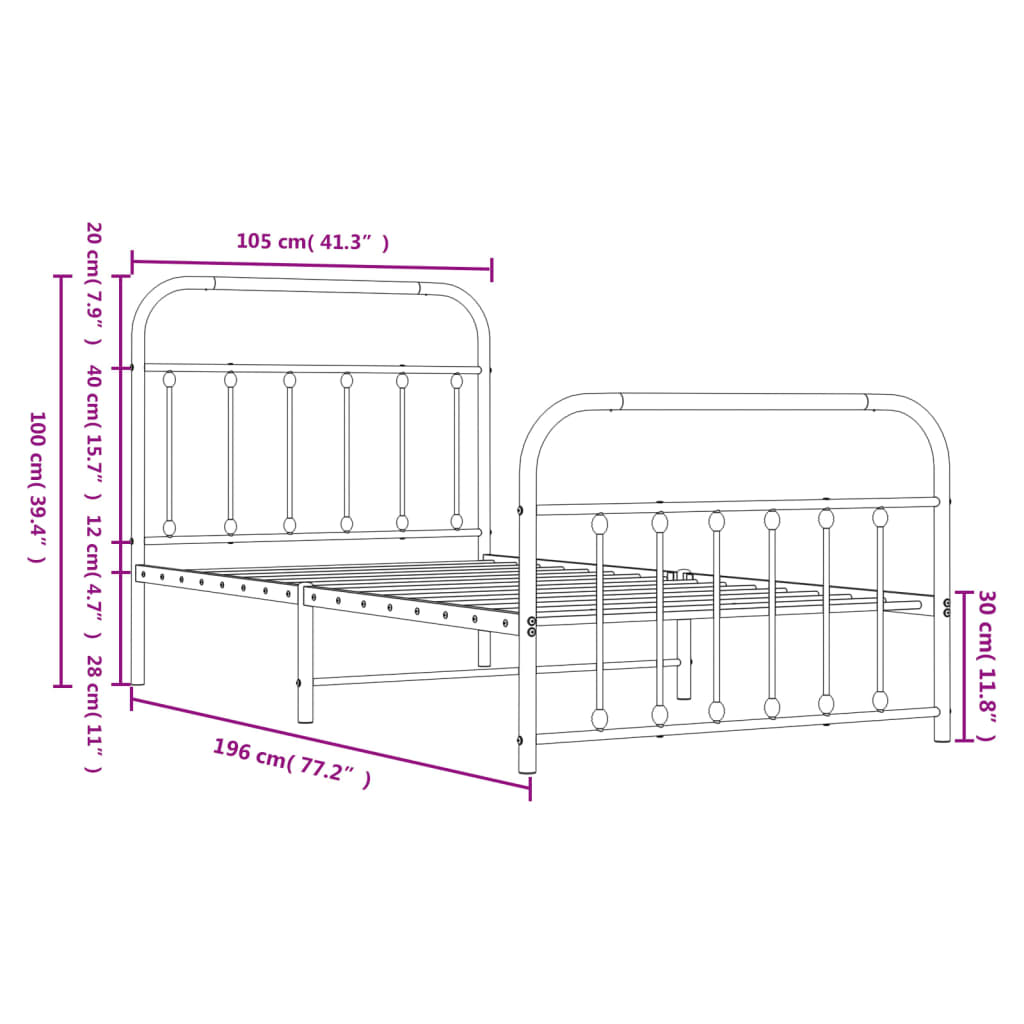 vidaXL Cadre de lit métal sans matelas avec pied de lit noir 100x190cm