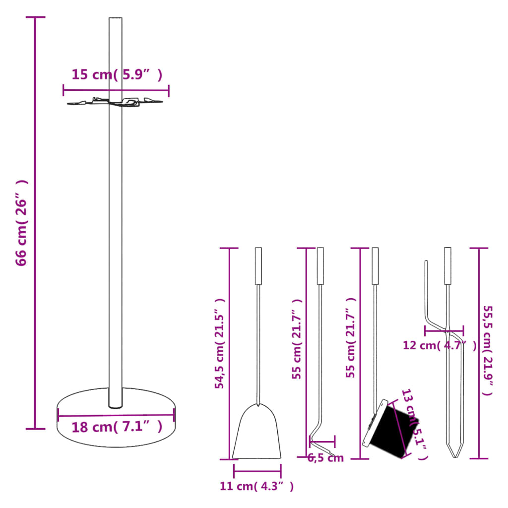 vidaXL Set d’outils de cheminée 5 pcs 18x66 cm acier