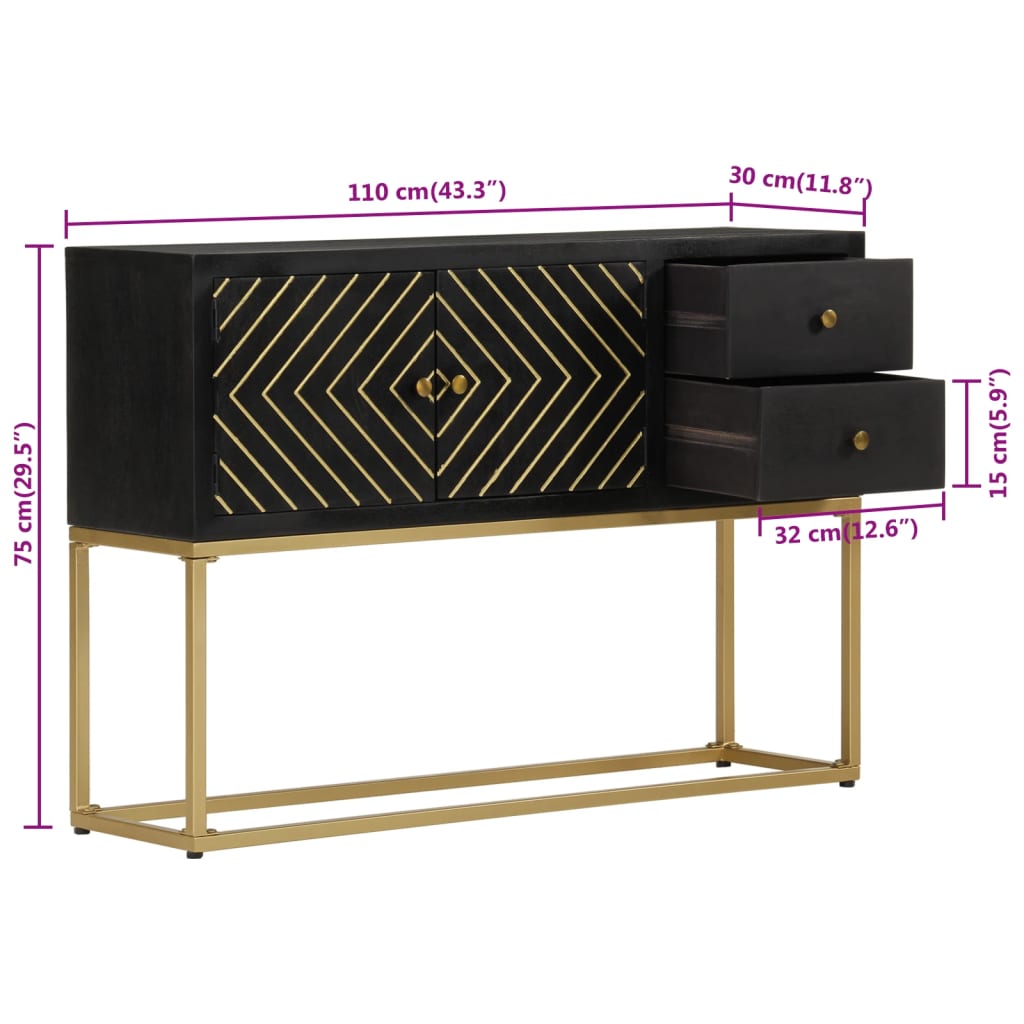 vidaXL Buffet noir et doré 110x30x75 cm bois massif de manguier