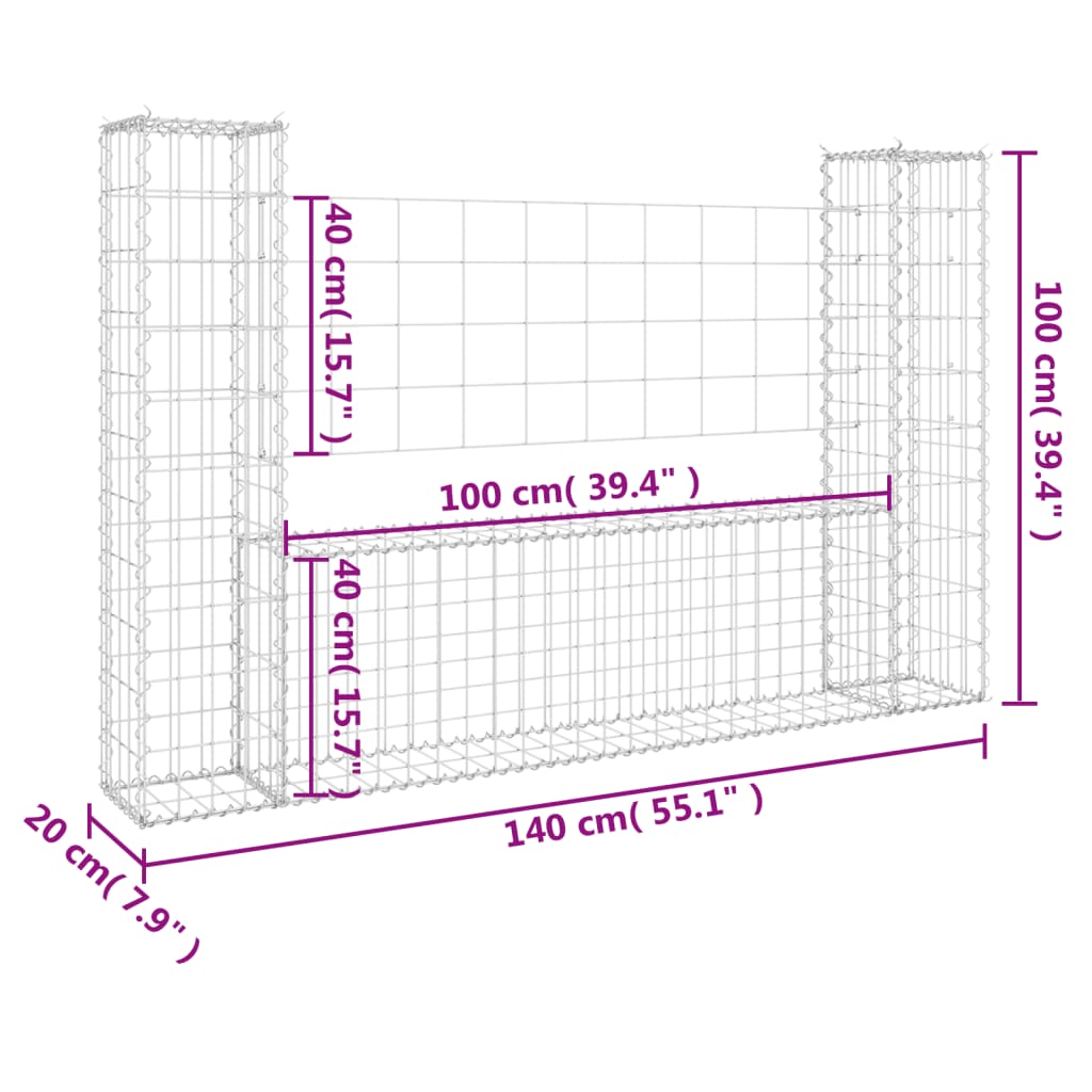 vidaXL Panier de gabion en forme de U avec 2 poteaux Fer 140x20x100 cm