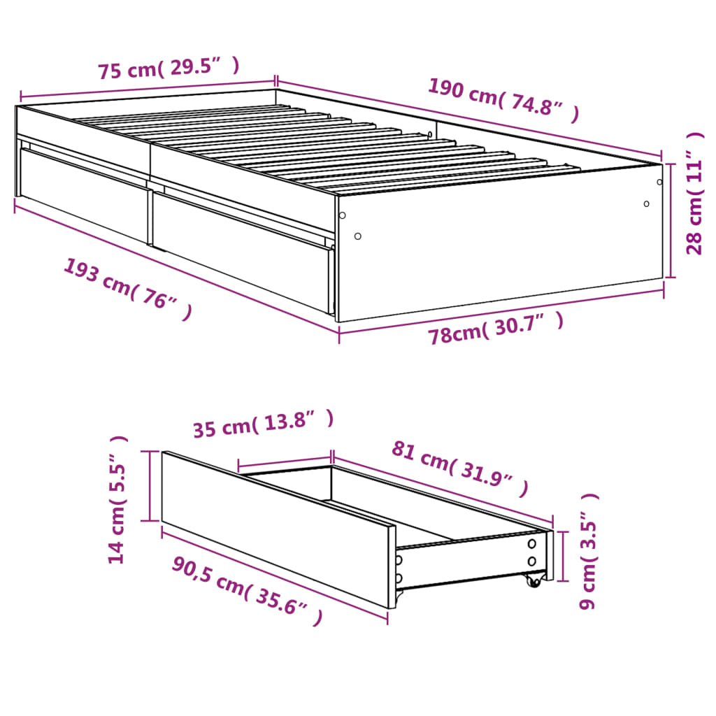 vidaXL Cadre de lit avec tiroirs sans matelas gris béton 75x190 cm