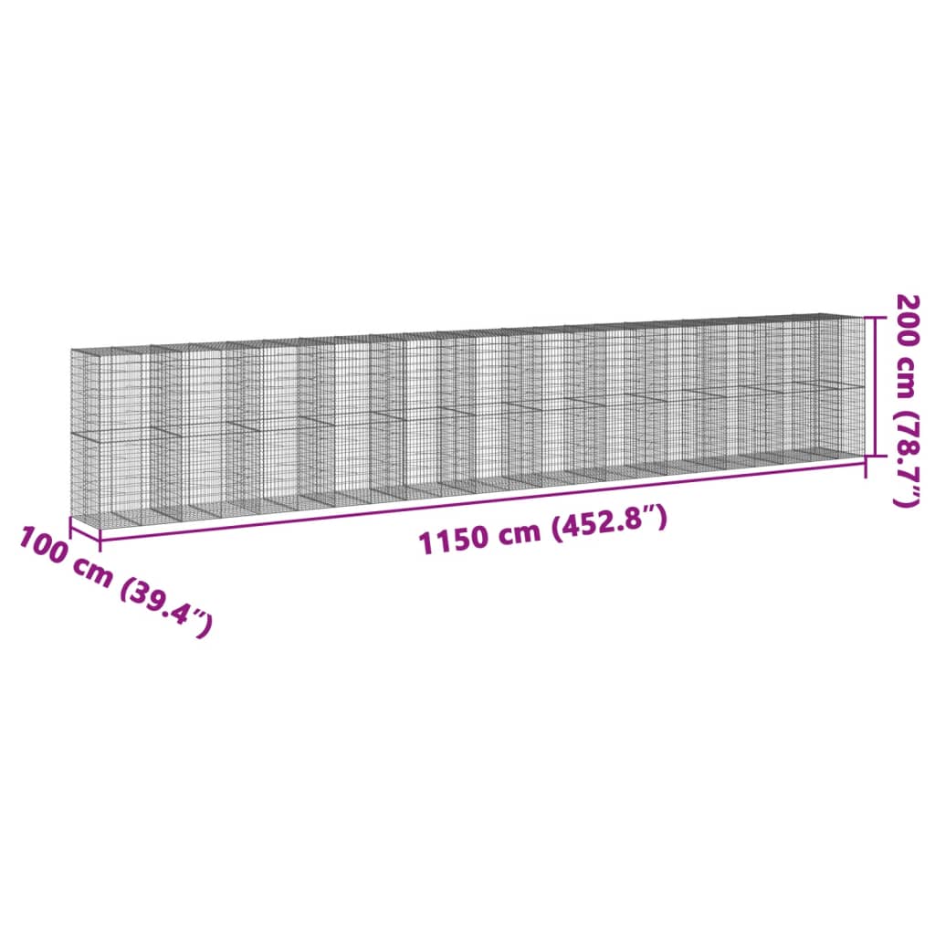 vidaXL Panier gabion avec couvercle 1150x100x200 cm fer galvanisé