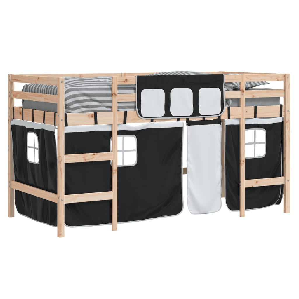 vidaXL Lit mezzanine enfants et rideaux blanc/noir 80x200cm pin massif