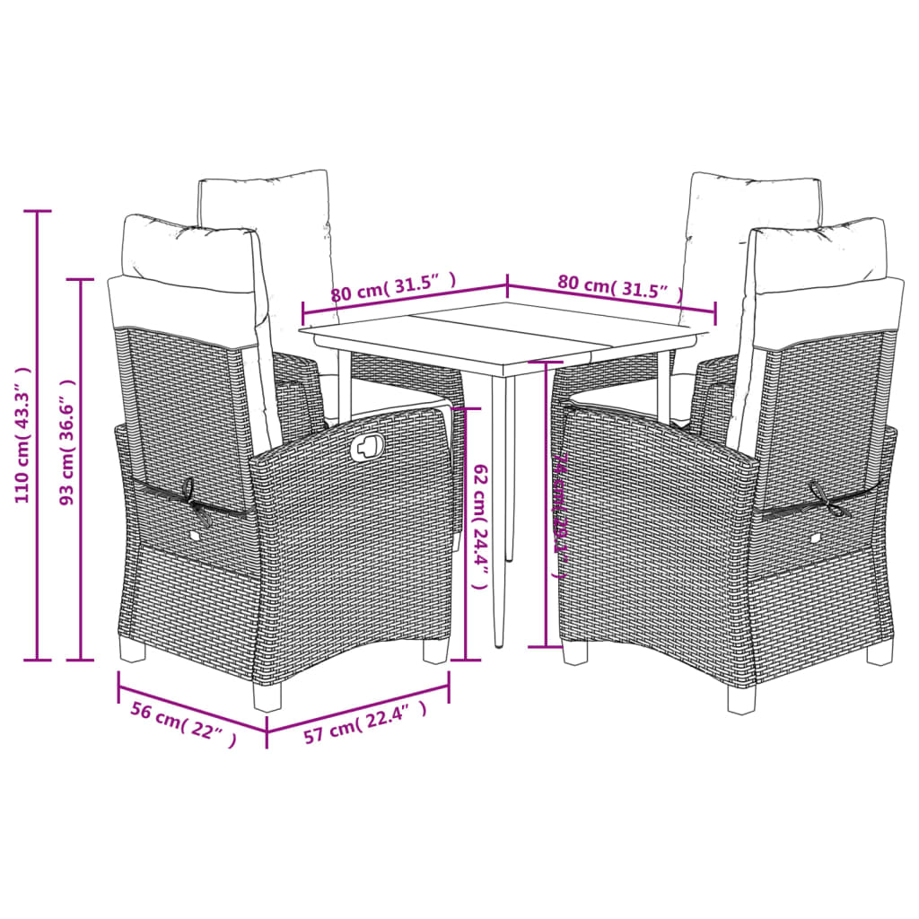 vidaXL Ensemble à manger de jardin et coussins 5 pcs gris clair rotin