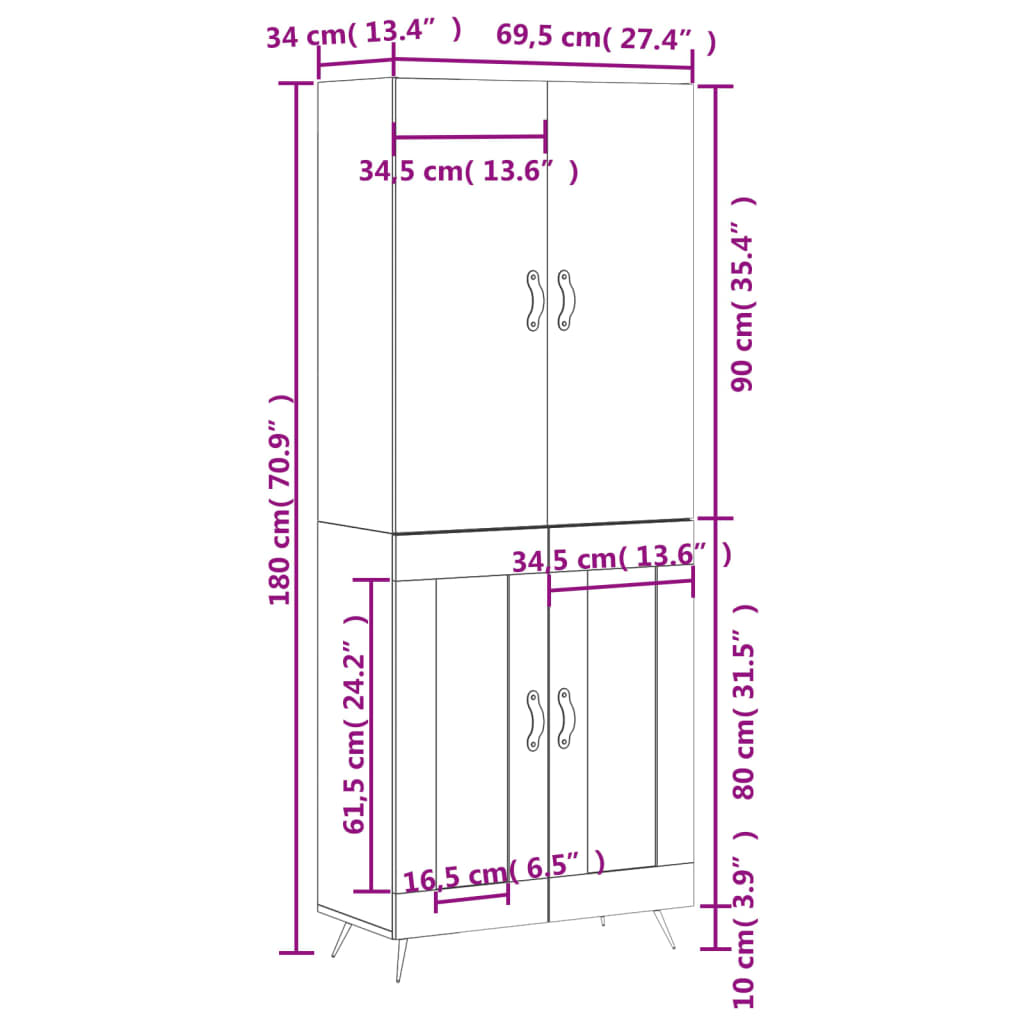 vidaXL Buffet haut Noir 69,5x34x180 cm Bois d'ingénierie