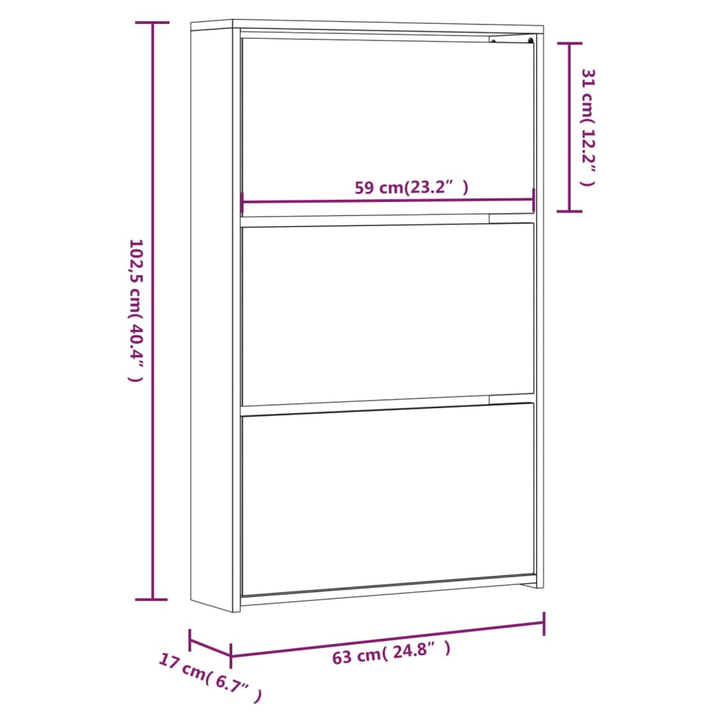 vidaXL Armoire à chaussures miroir 3niveaux Chêne marron 63x17x102,5cm