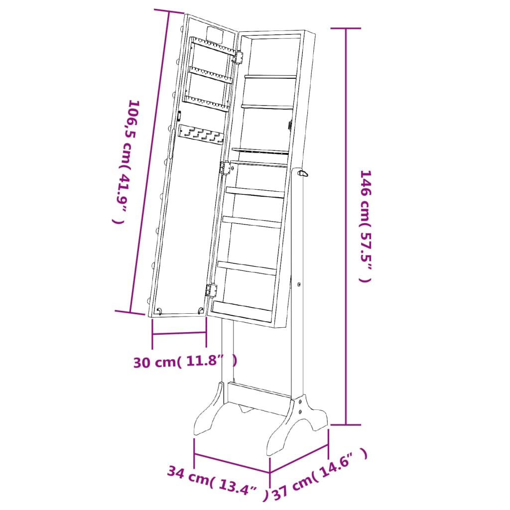 vidaXL Miroir sur pied blanc avec LED noir 34x37x146 cm