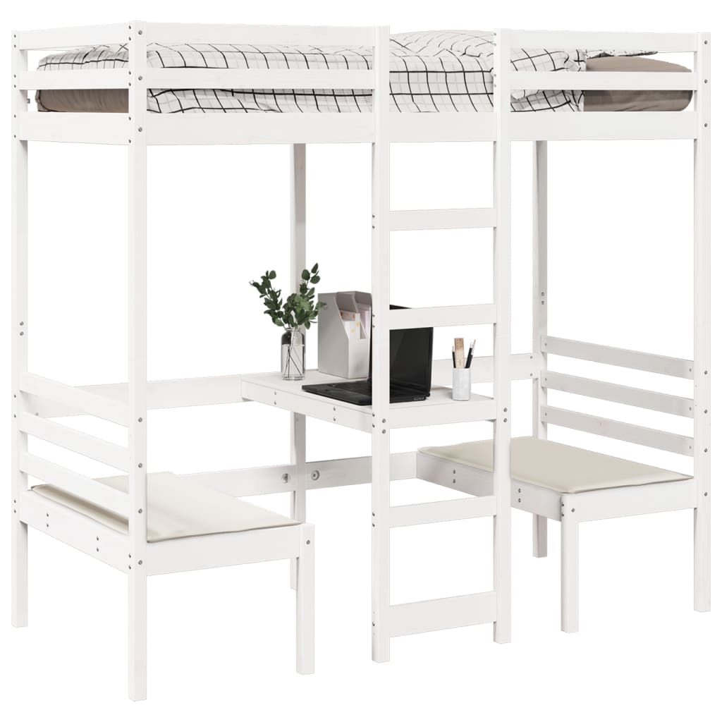 vidaXL Lit mezzanine avec bureau et chaises blanc 75x190 cm pin massif