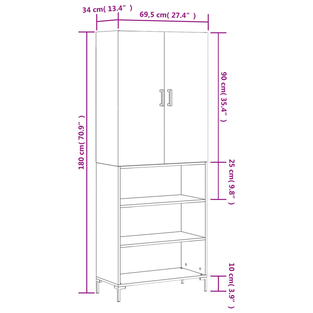 vidaXL Buffet haut Gris béton 69,5x34x180 cm Bois d'ingénierie