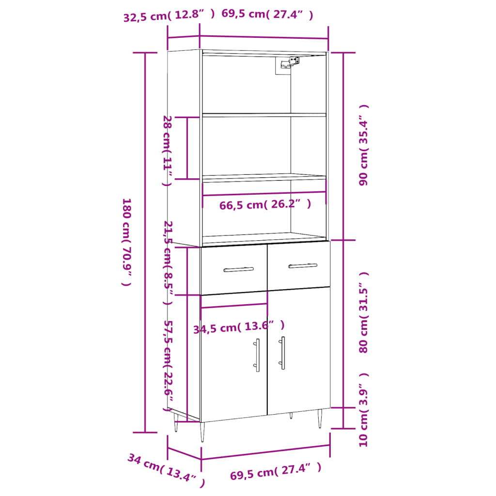 vidaXL Buffet haut Chêne fumé 69,5x34x180 cm Bois d'ingénierie