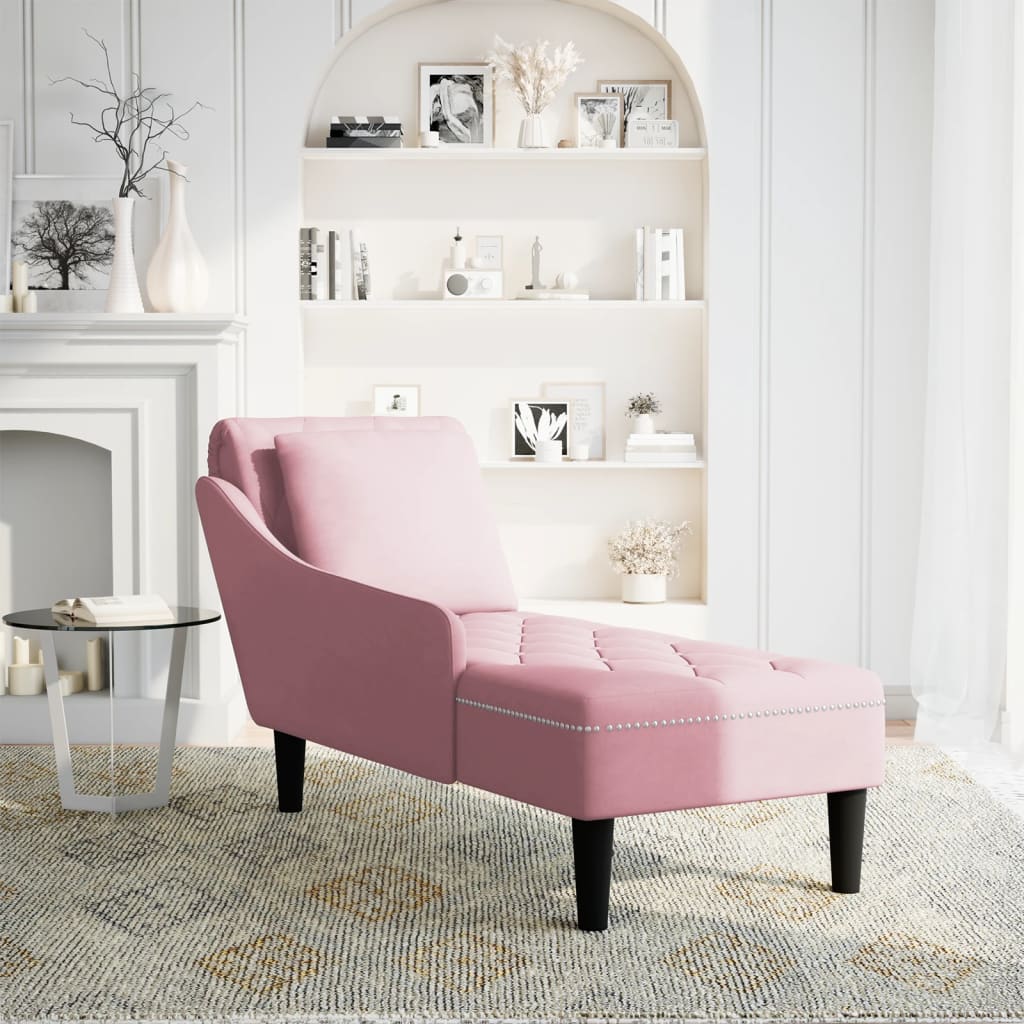 vidaXL Fauteuil long avec coussin et accoudoir droit rose velours