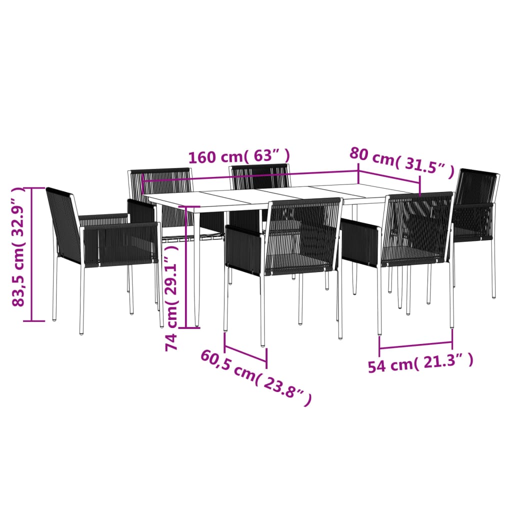 vidaXL Ensemble à manger de jardin coussins 7 pcs noir rotin et acier