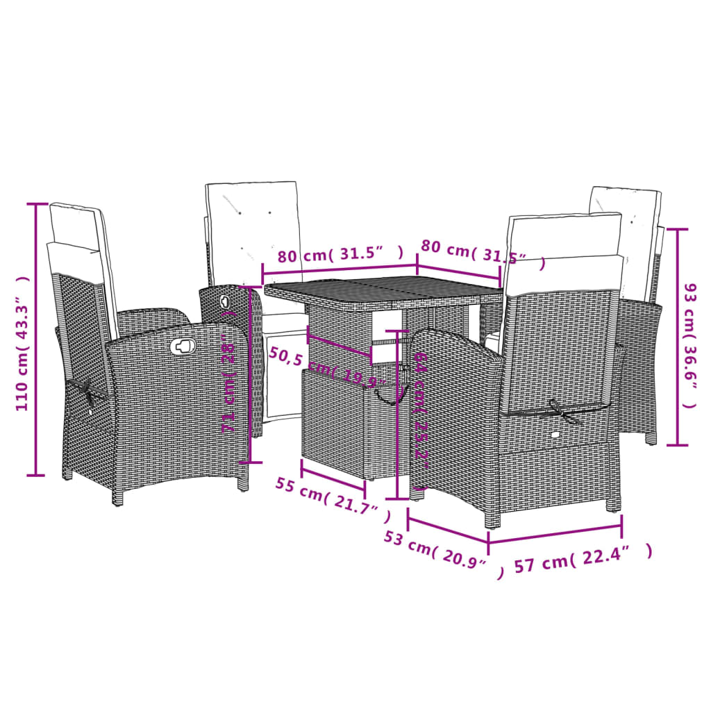 vidaXL Ensemble à manger de jardin coussins 5pcs Noir Résine tressée