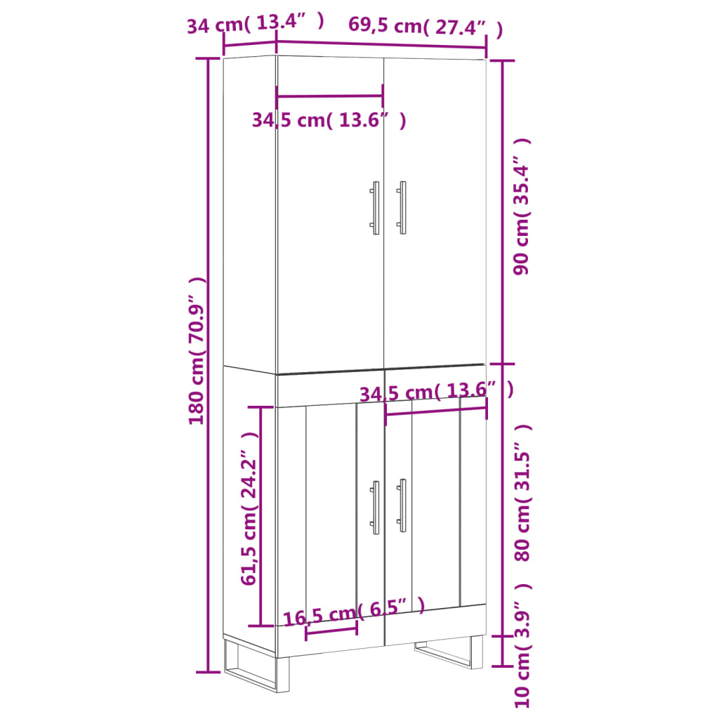 vidaXL Buffet haut Blanc 69,5x34x180 cm Bois d'ingénierie