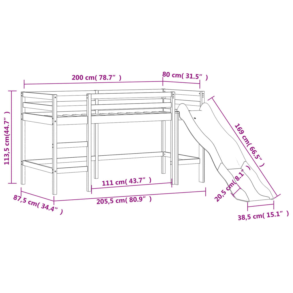 vidaXL Lit mezzanine enfants avec tour bleu 80x200cm bois pin massif