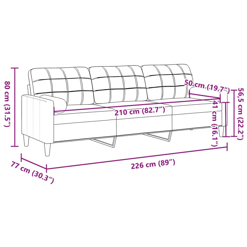 vidaXL Canapé 3 places avec oreillers décoratifs noir 210 cm tissu