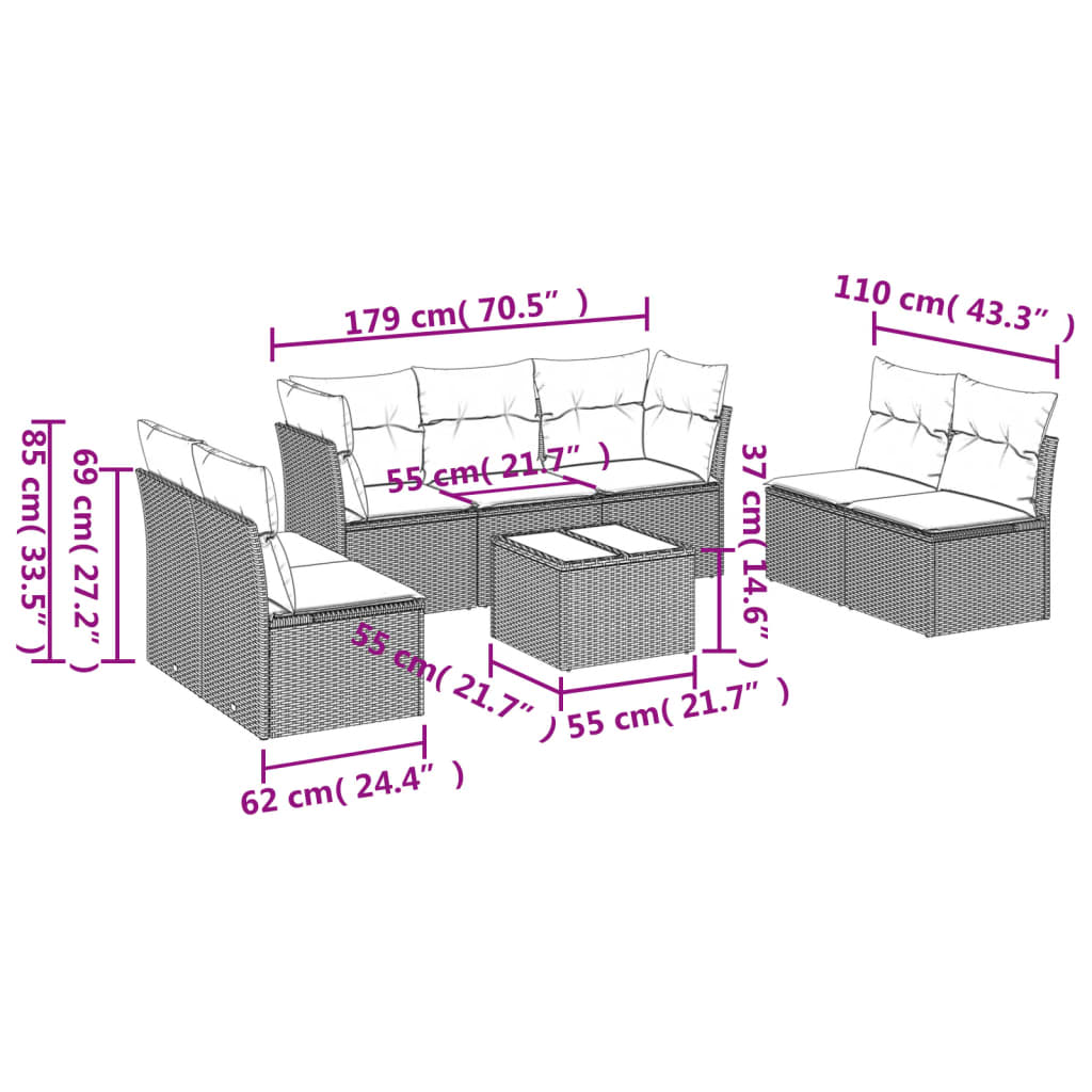 vidaXL Salon de jardin 8 pcs avec coussins noir résine tressée