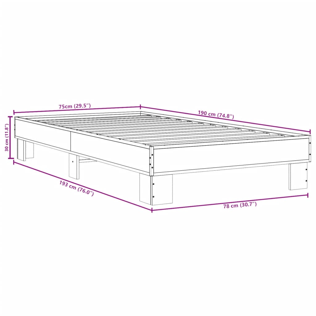 vidaXL Cadre de lit chêne fumé 75x190 cm bois d'ingénierie et métal