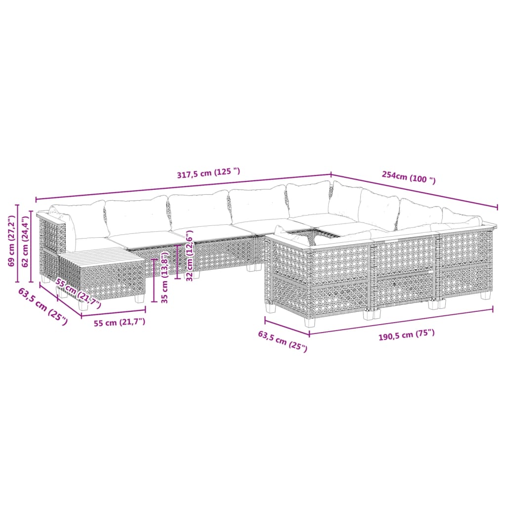 vidaXL Salon de jardin 11 pcs avec coussins noir résine tressée