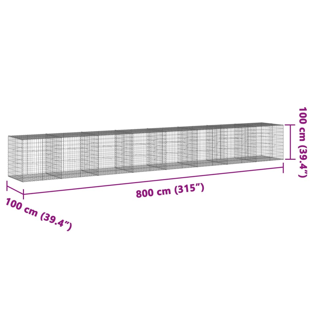 vidaXL Panier gabion avec couvercle 800x100x100 cm fer galvanisé