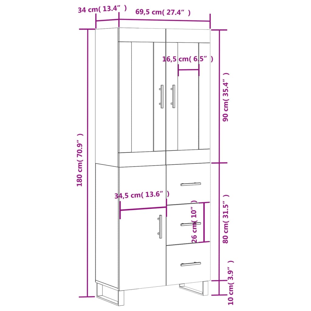 vidaXL Buffet haut Gris béton 69,5x34x180 cm Bois d'ingénierie