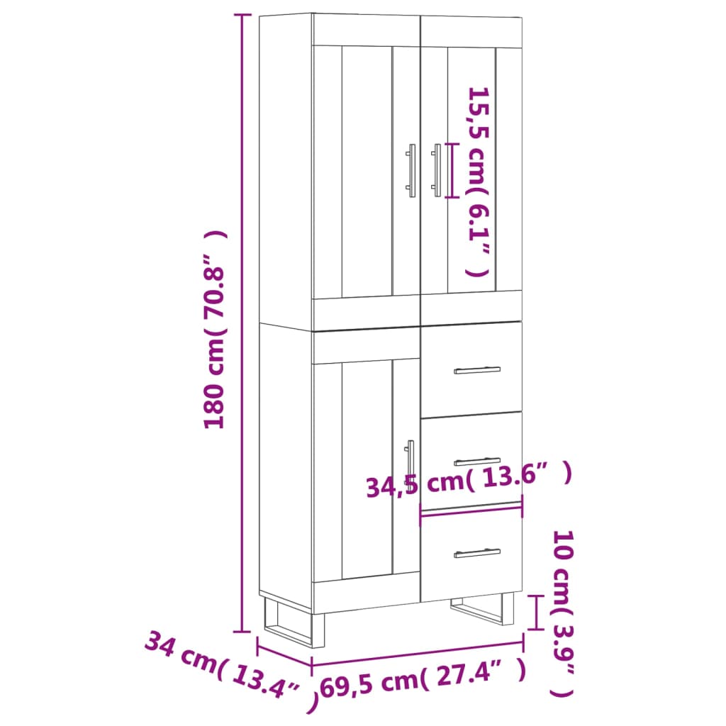 vidaXL Buffet haut Chêne fumé 69,5x34x180 cm Bois d'ingénierie