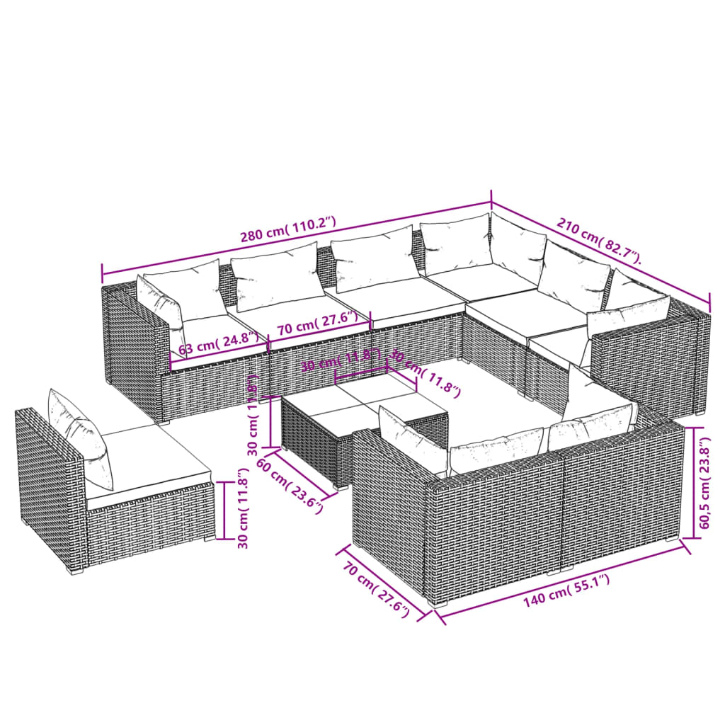 vidaXL Salon de jardin 10 pcs avec coussins Résine tressée Gris