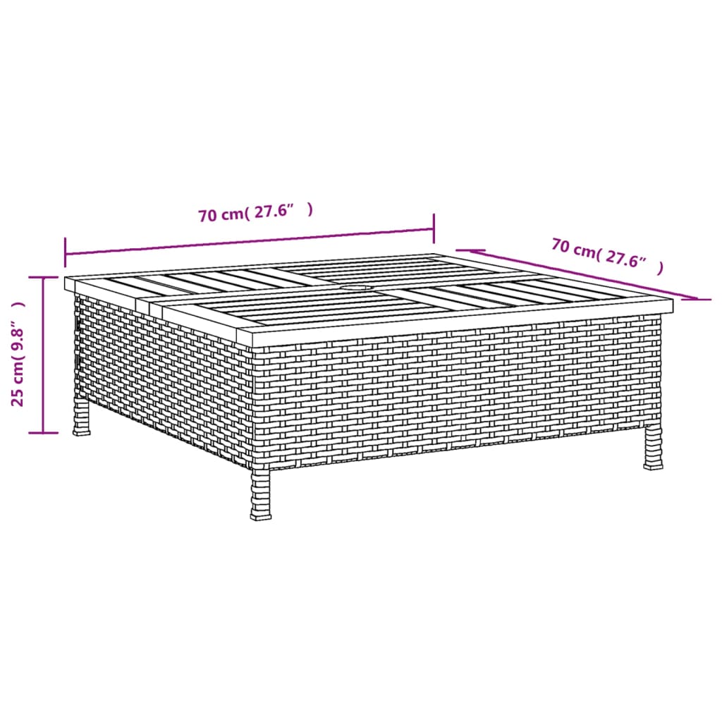 vidaXL Table de jardin noir 70x70x25 cm résine tressée et bois acacia