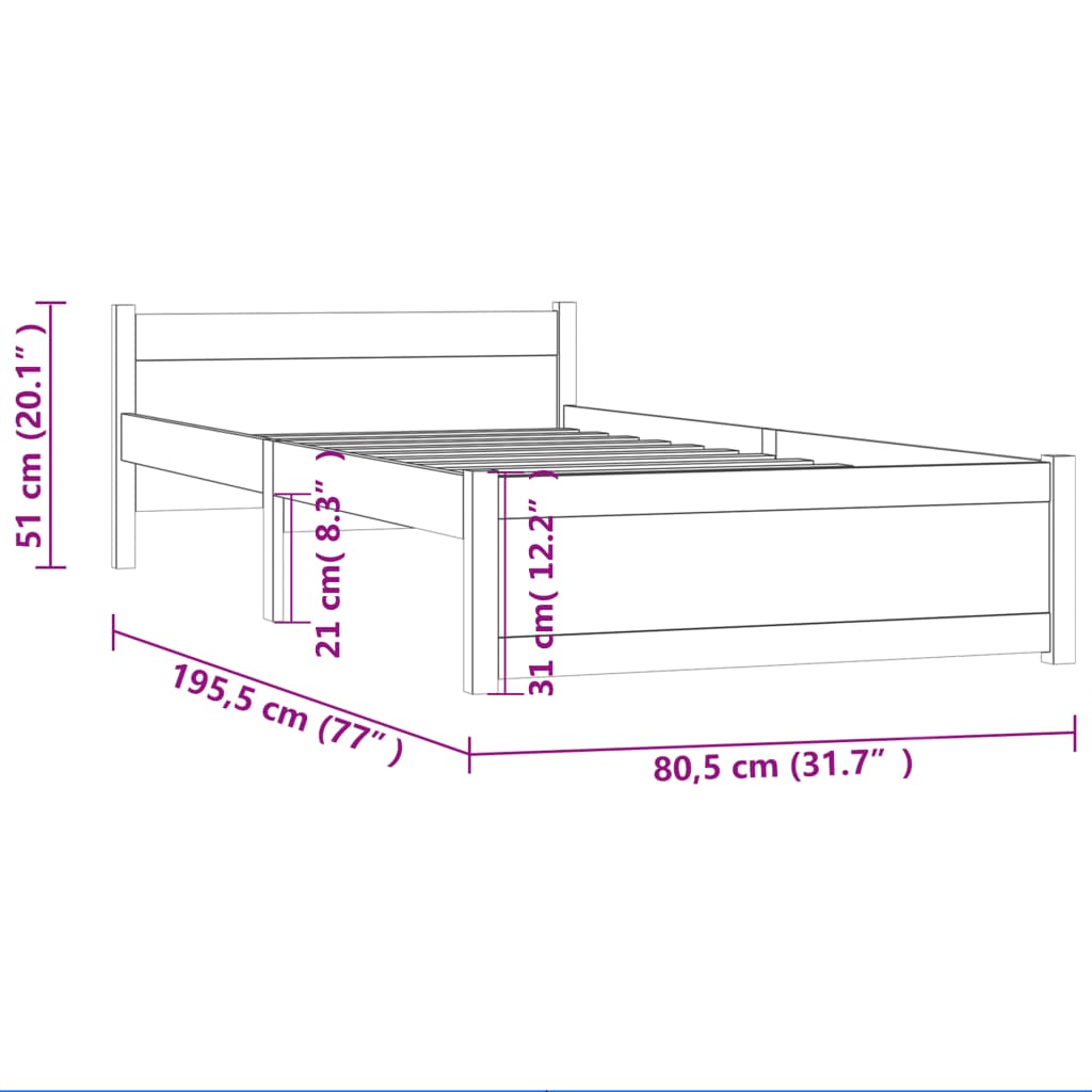 vidaXL Cadre de lit Noir Bois massif 75x190 cm Petit simple