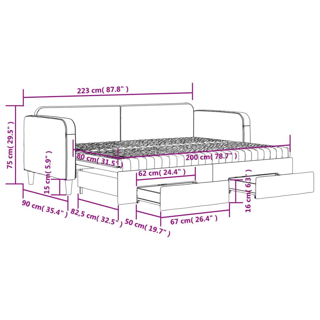 vidaXL Lit de jour avec gigogne et tiroirs taupe 80x200 cm tissu