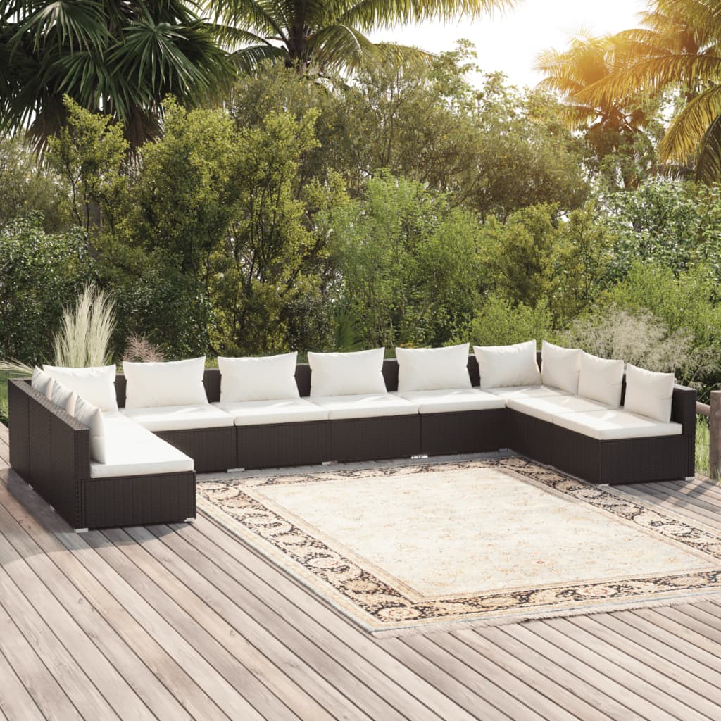 vidaXL Salon de jardin 10 pcs avec coussins Résine tressée Noir