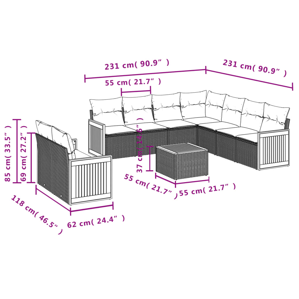 vidaXL Salon de jardin 10 pcs avec coussins noir résine tressée