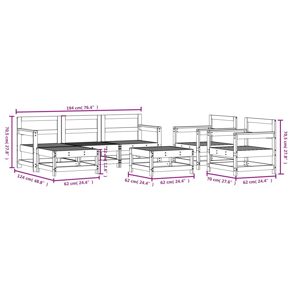 vidaXL Salon de jardin 7 pcs Blanc Bois de pin massif