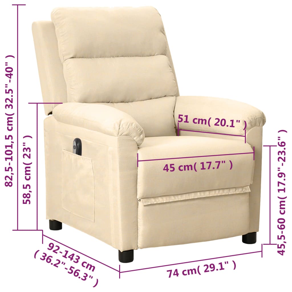 vidaXL Fauteuil inclinable électrique Crème Tissu