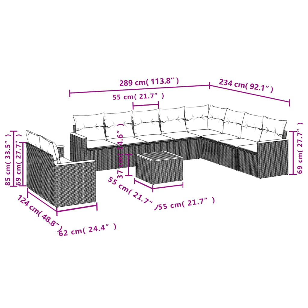 vidaXL Salon de jardin 11 pcs avec coussins noir résine tressée