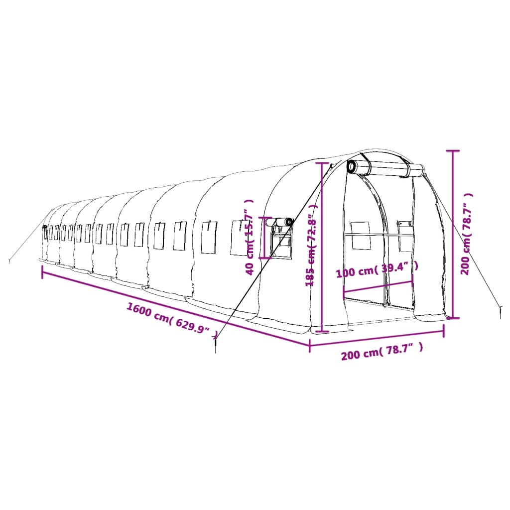 vidaXL Serre avec cadre en acier vert 32 m² 16x2x2 m