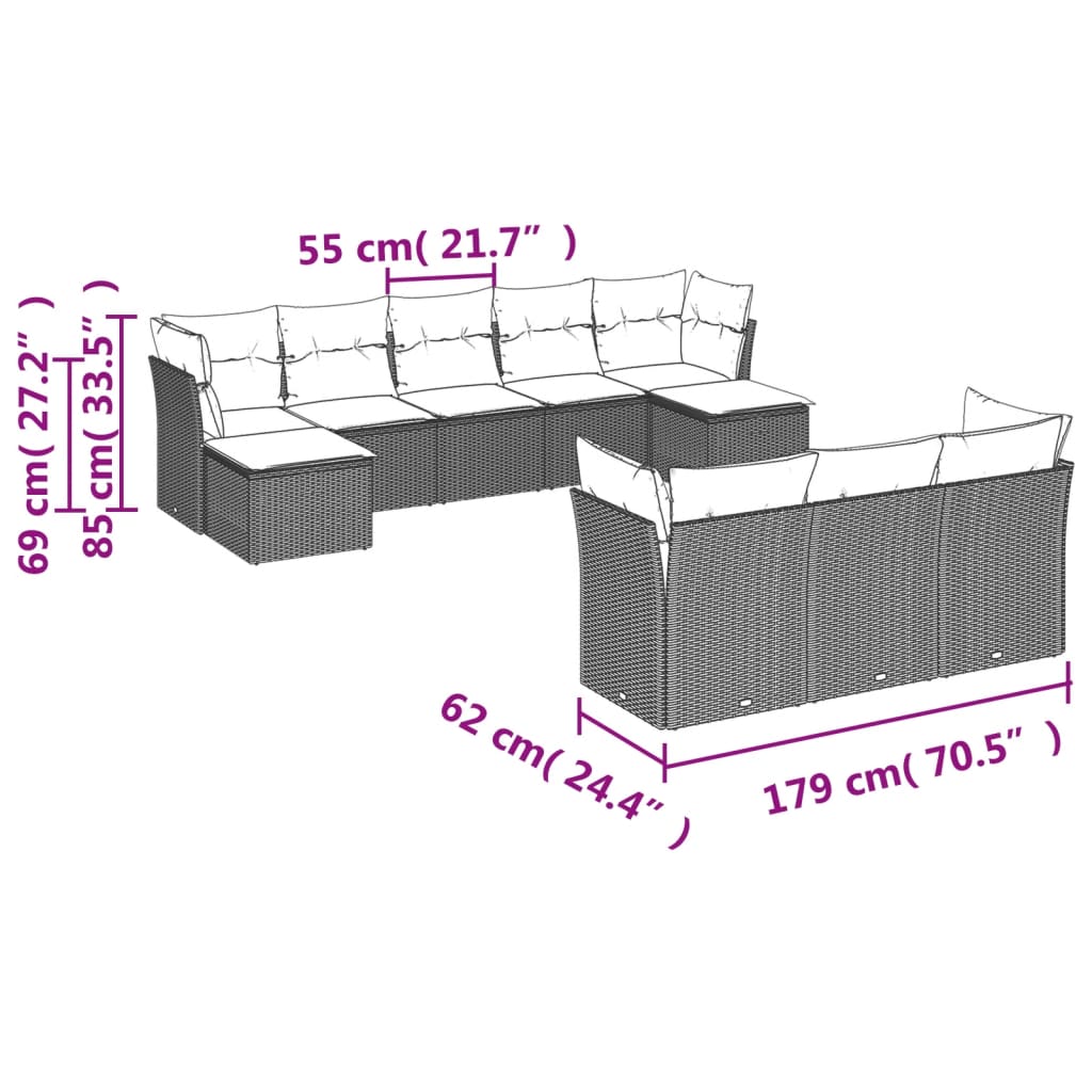 vidaXL Salon de jardin 10 pcs avec coussins noir résine tressée